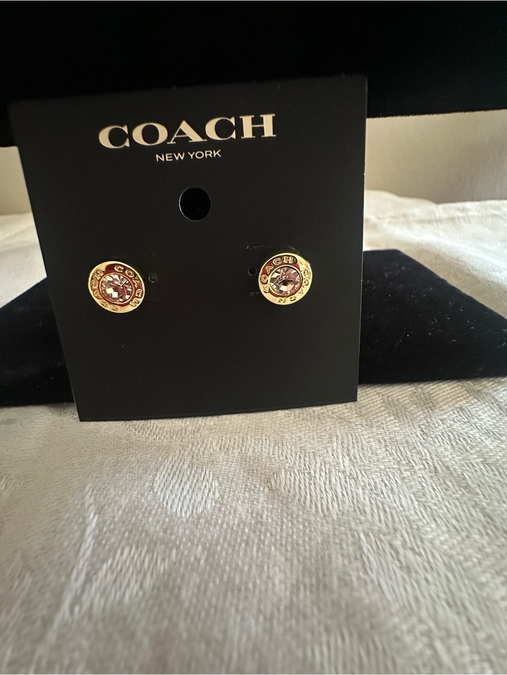 COACH Gold and Pink Crystal Logo Disc Stud Earrings